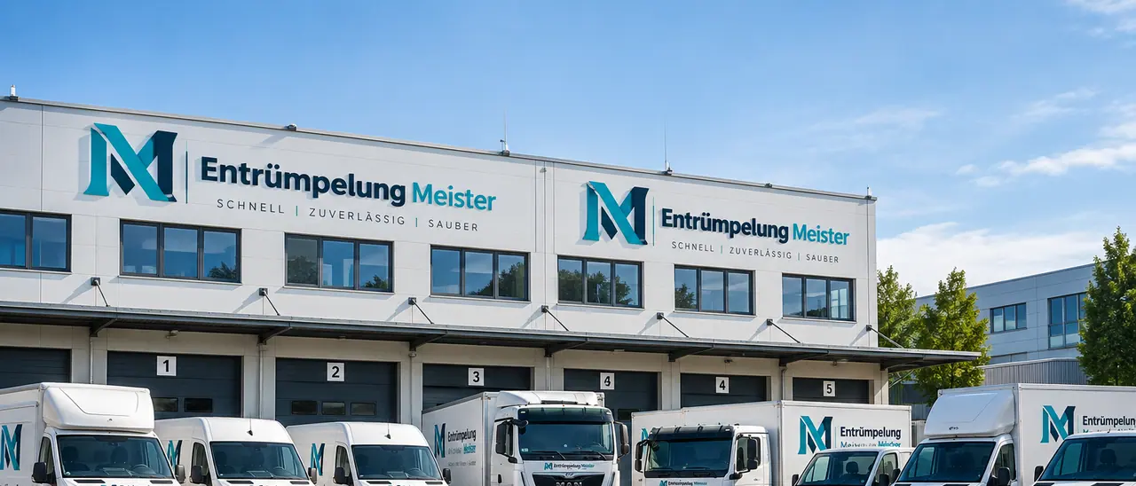 Fuhrpark von Entrümpelung Meister vor der Halle – Transporter und LKW für Entrümpelung und Räumung in ganz Österreich