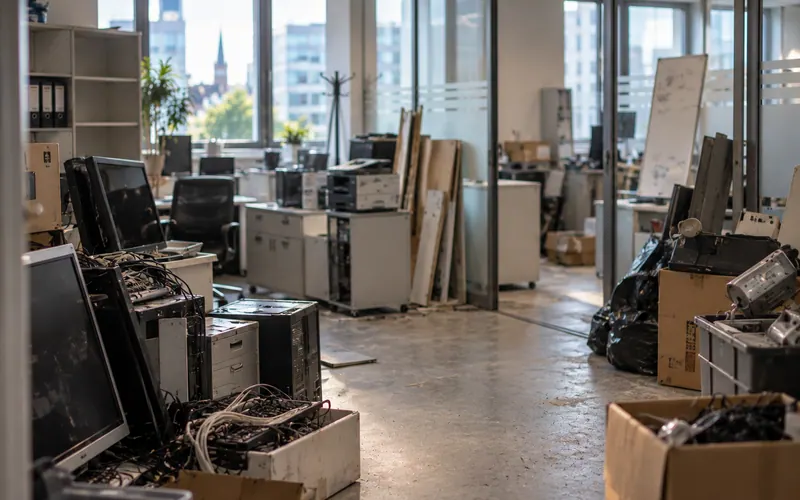 Großraumbüro mit alten Computern, Druckern und Büromöbeln vor der Büroentrümpelung