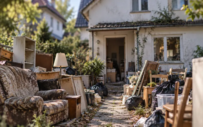 Alte Möbel, Kartons und Müllsäcke vor einem Einfamilienhaus bei der Hausentrümpelung