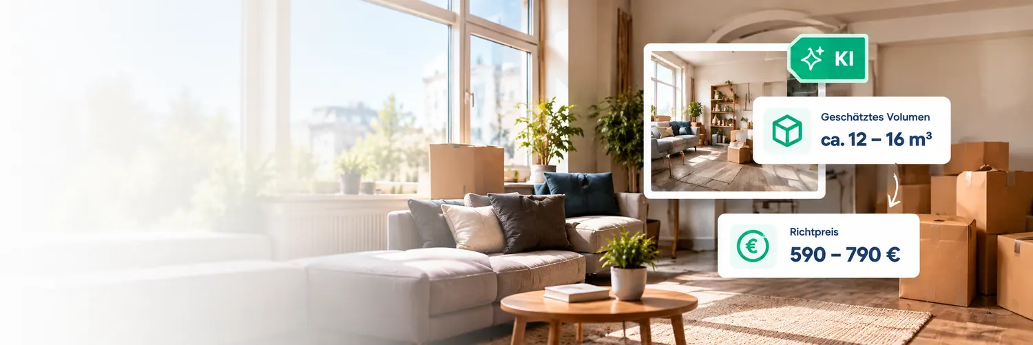 Helles Wohnzimmer mit Umzugskartons — Richtpreis für die Entrümpelung berechnen