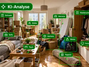 Wohnzimmer voller Kartons — von der KI erkannte Gegenstände
