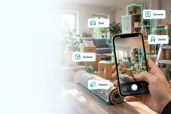 Hand mit Smartphone fotografiert ein Zimmer; die KI erkennt Sofa, Schrank, Kartons und Teppich