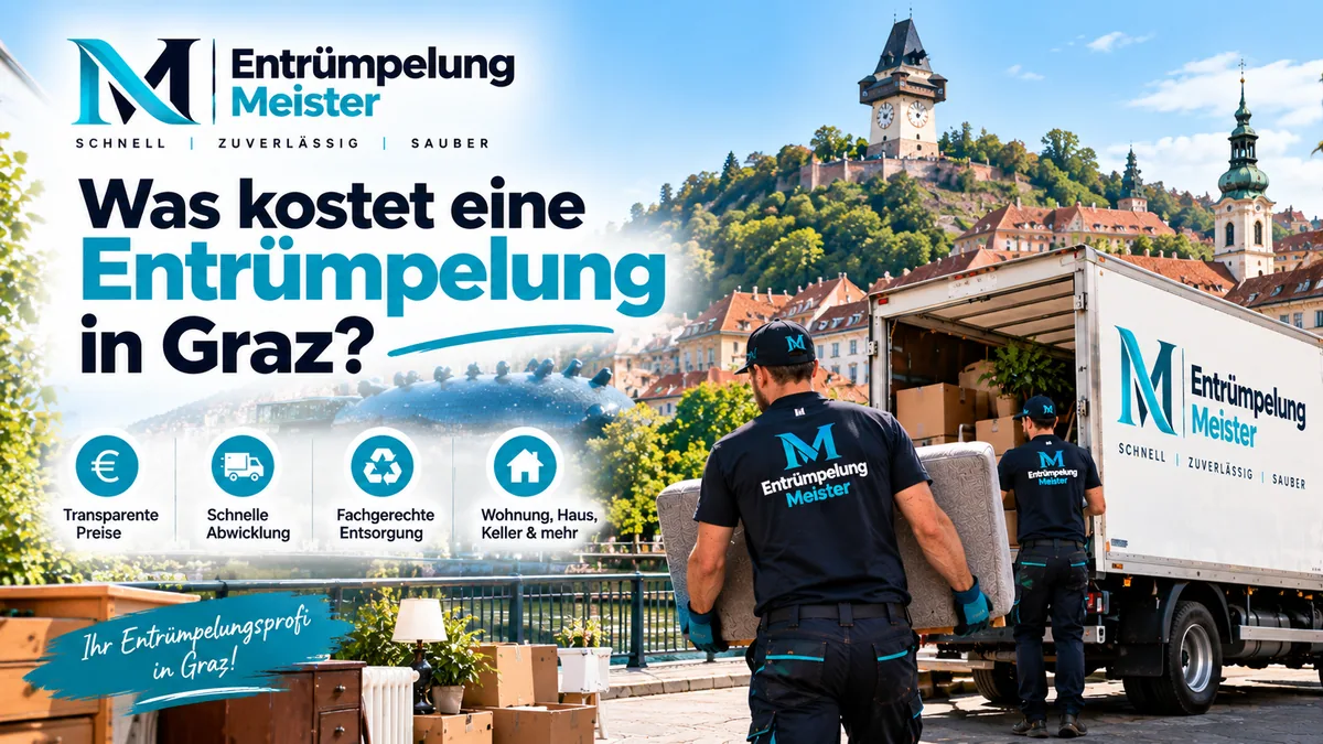 Zwei Mitarbeiter von Entrümpelung Meister tragen ein Polstermöbel zum Lkw, davor Kartons und ein alter Heizkörper, im Hintergrund der Uhrturm auf dem Grazer Schlossberg