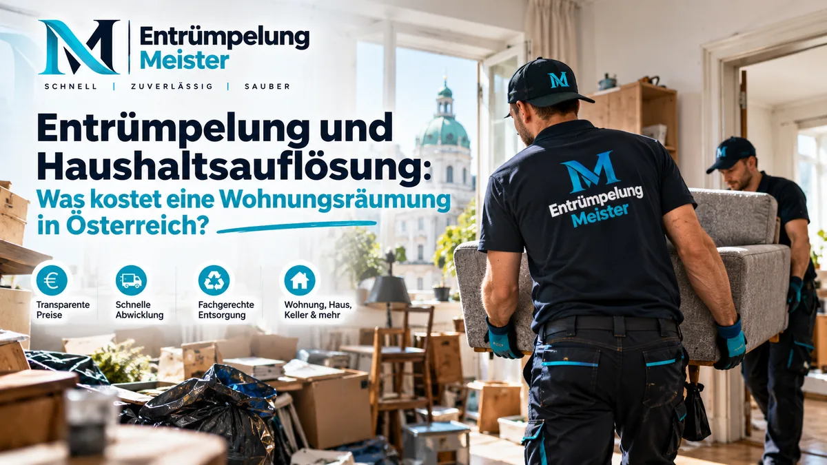 Zwei Mitarbeiter von Entrümpelung Meister tragen ein Sofa aus einer vollen Wohnung