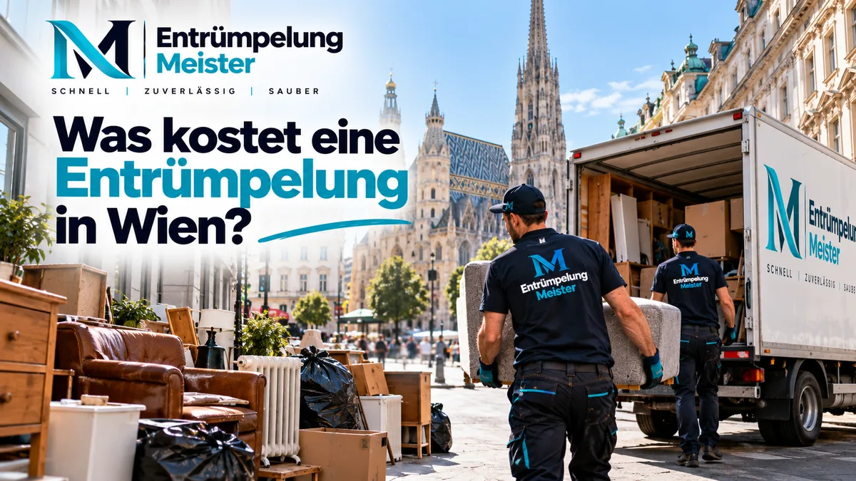 Zwei Mitarbeiter von Entrümpelung Meister tragen eine Matratze zum Lkw, davor Altmöbel auf dem Gehsteig, im Hintergrund der Stephansdom in Wien