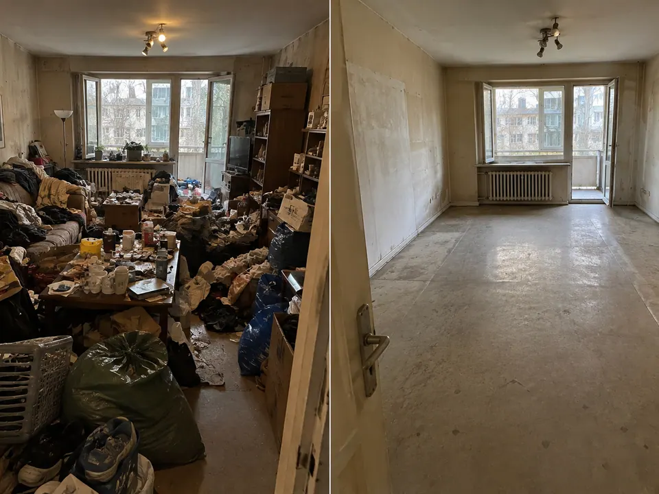 Stark vermüllte Messie-Wohnung vor und nach der Entrümpelung