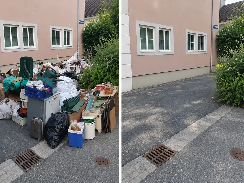 Sperrmüll im Hof vor einem Wohnhaus vor und nach der Abholung